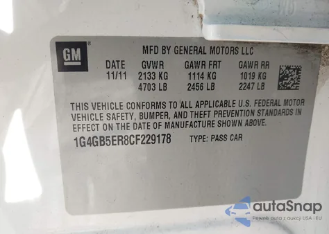 2012 Buick Lacrosse Convenience Group from USA, damaged, VIN 1G4GB5ER8CF229178